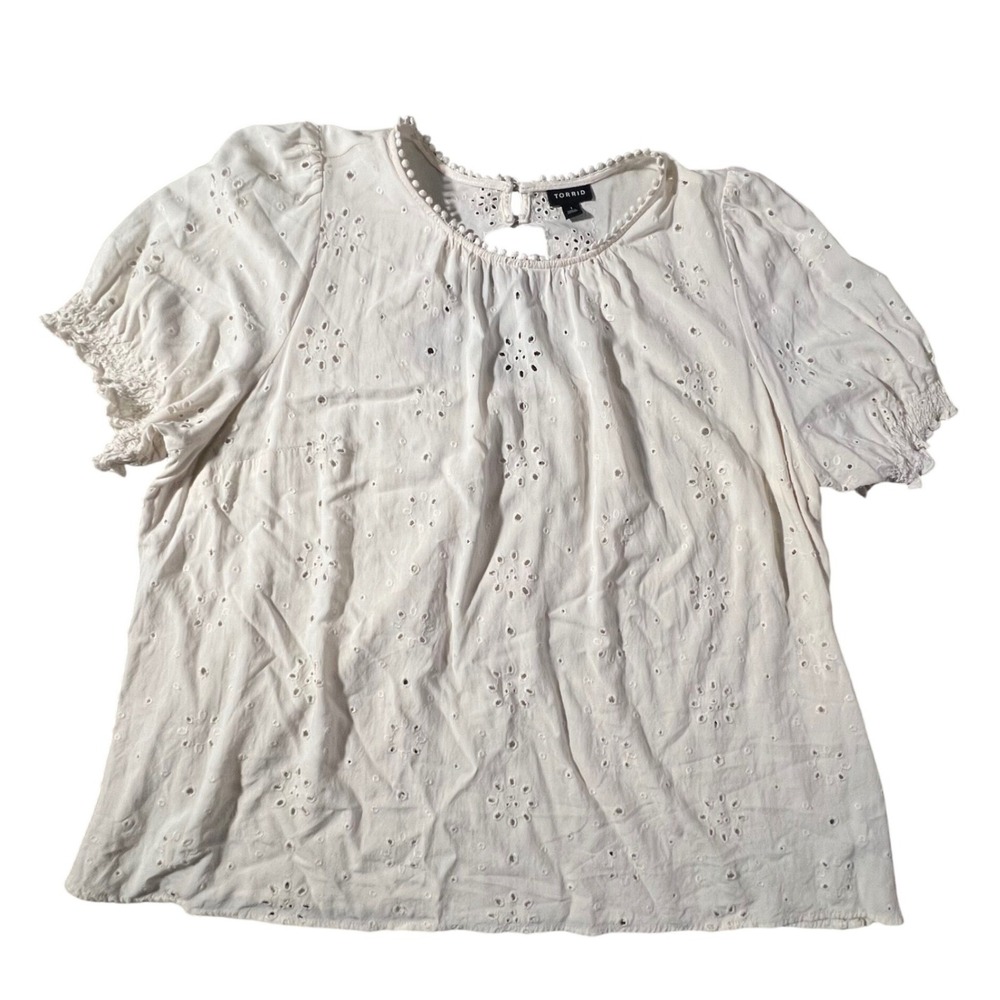 Torrid Eyelet Blouse Womens 1 White Smocked Puff Sleeve Boho Pom Pom Trim Top